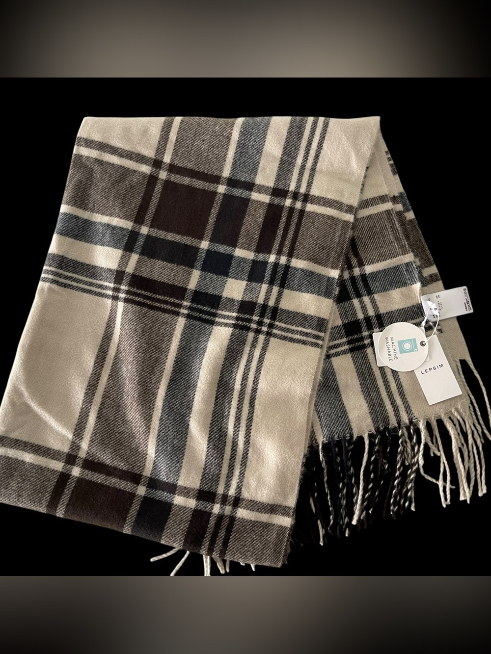 LEPSIM Plaid Oversized Scarf Wrap Beige Brown Gray Fringe NWT